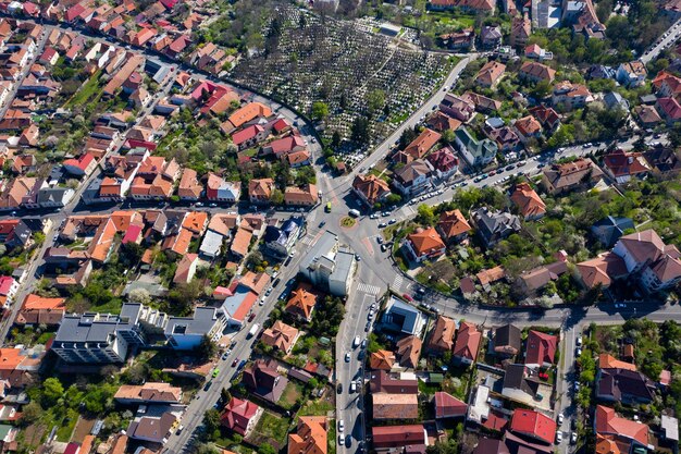 Aerial view of old city streets intersection