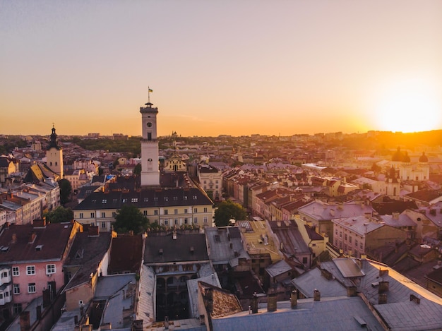 Aerial view of old european city on sunset