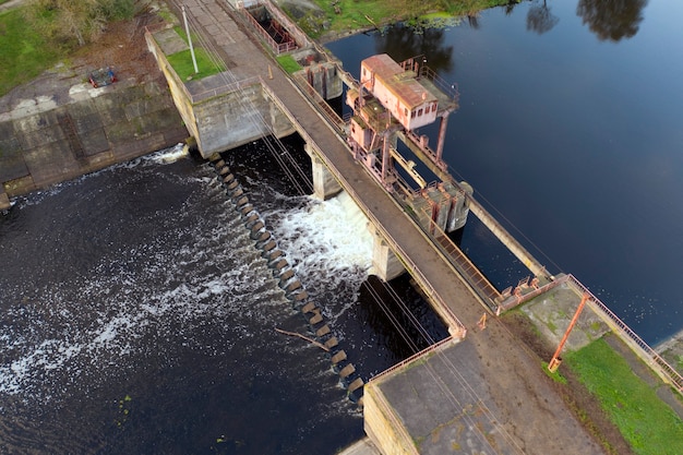 Aerial view of the old hydroelectric power plant. getting electricity from renewable sources.