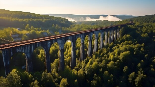 Foto vista aerea di un vecchio viadotto ferroviario ponte ferroviario austroungarico nel villaggio di plebanivka nella regione di ternopil in ucrainagenerated ai