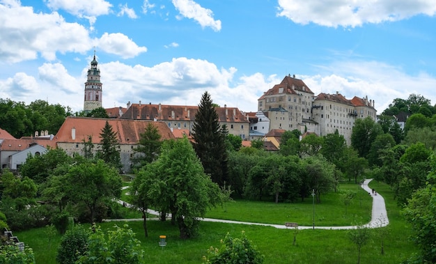 Aerial view over the old Town of Cesky Krumlov Czech Republic