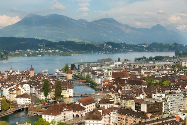 Aerial view of the old town, Lucerne city and Rigi mountain in background, Switzerland.