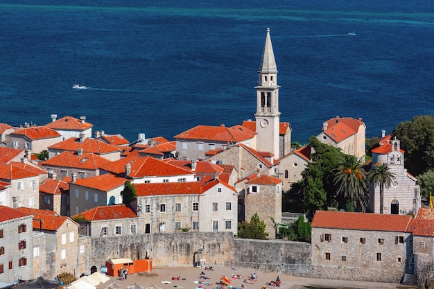Aerial view of the old town of montenegrin town budva on the adriatic sea, montenegro