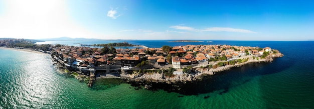 Aerial view of old town and port of Sozopol Bulgaria Drone view from above Summer holidays destination