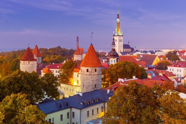 Aerial view old town in the twilight Tallinn Estonia