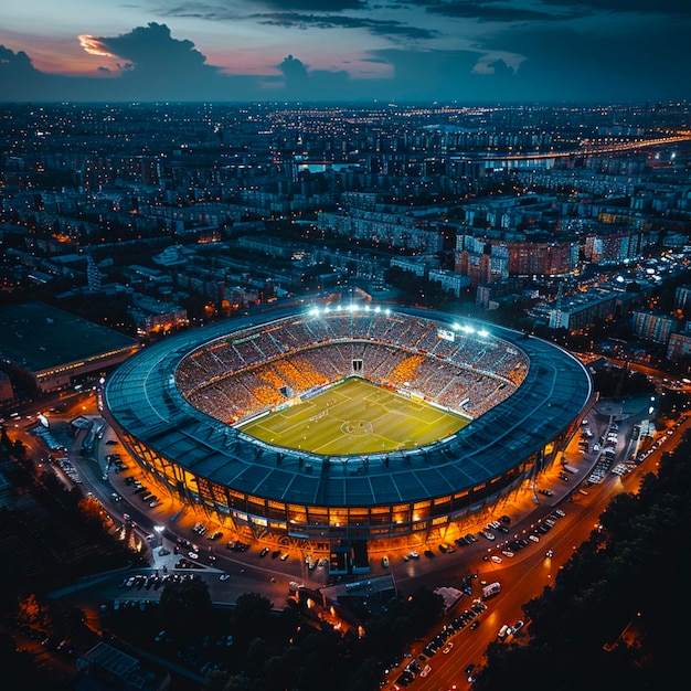 Photo aerial view of olimpiyskiy stadium football training on illuminated stadium players playing soc