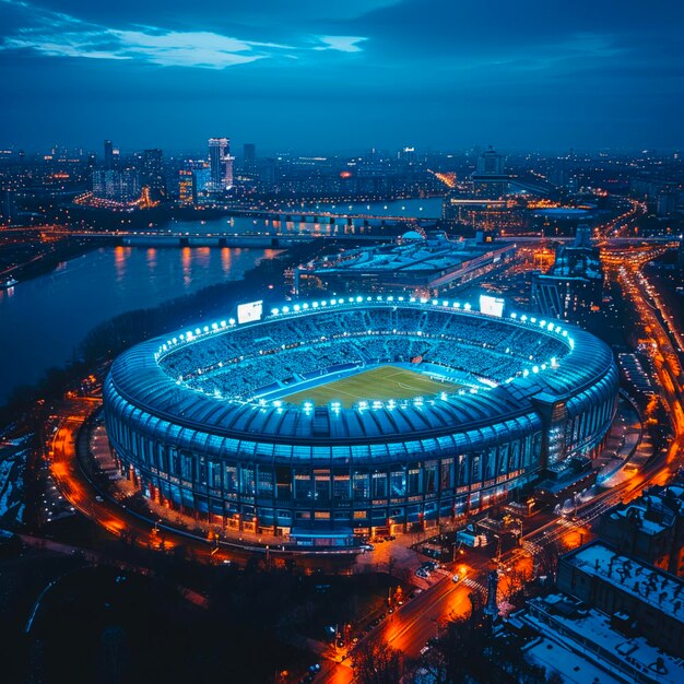 Photo aerial view of olimpiyskiy stadium football training on illuminated stadium players playing soc