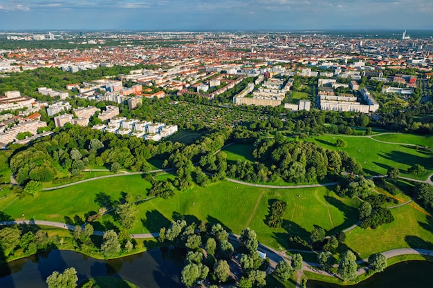 Aerial view of Olympiapark . Munich, Bavaria, Germany