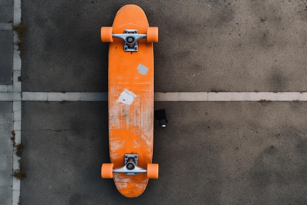 Photo aerial view of orange skateboard on the ground