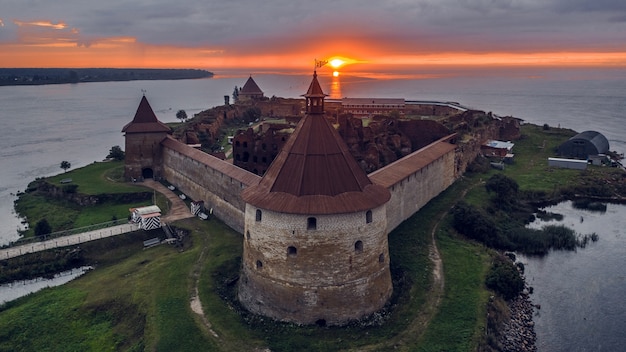 Aerial view of Oreshek fortress in the early morning