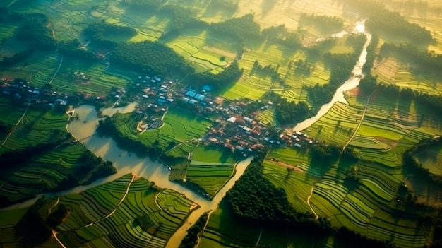 Aerial view of oriental rice fields surreal rice cultivation landscape asian green planes and plantations generative ai