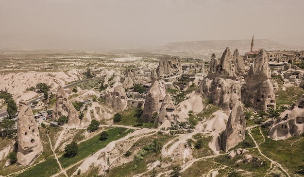 Aerial view of Ortahisar caves in Cappadocia