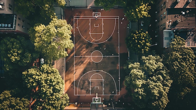 Aerial view of outdoor basketball court surrounded by trees and buildings Sport background concept