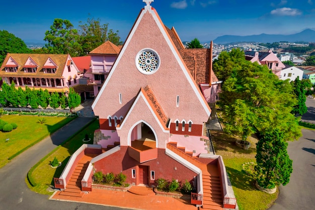 Aerial view outside Domaine De Marie Church on a morning.