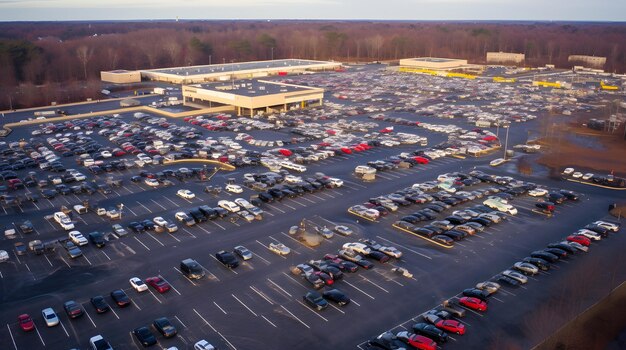 Aerial view of a packed parking lot during a Black Friday event