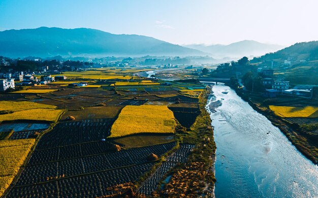 Aerial view of paddy farmland and river in kathmandu nepal