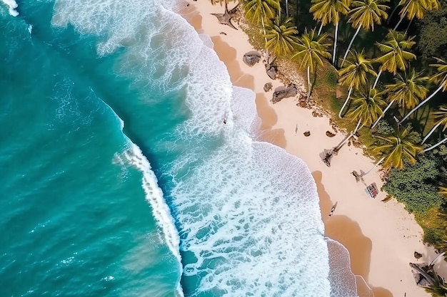 Aerial view of palm trees and ocean waves generative ai