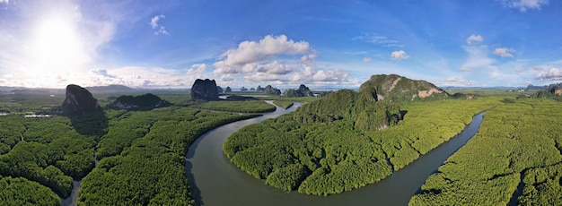 Aerial view panorama Drone shot of Nature landscape mountain view located in Phangnga Thailand Drone flying over sea and mangrove forest Landscape High angle view