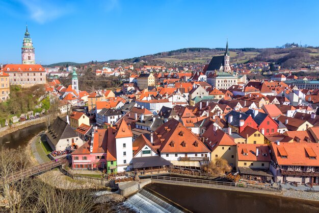 Aerial view panorama of the old Town of Cesky Krumlov in South Bohemia, Czech Republic with blue sky