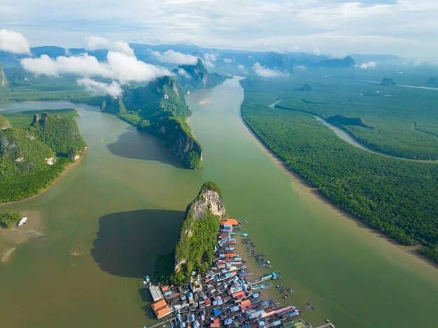 Aerial view of Panyee island in Phang Nga ThailandHigh angle view Floating village Koh Panyee fishing village island in Phang Nga Thailand