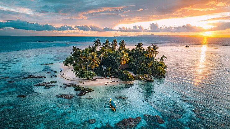 Aerial View Paradise Tropical Island Palm Trees White Sand Beach Crystal Clear Turquoise Water Sunset Orange Sky Summer Vacation Travel