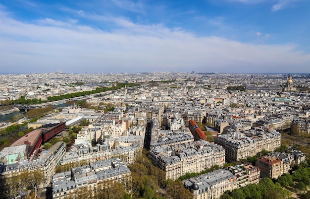 Aerial view of Paris city and Seine river from Eiffel Tower France April 2019