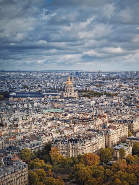 Aerial view of paris cityscape france les invalides building with golden dome autumn parisian