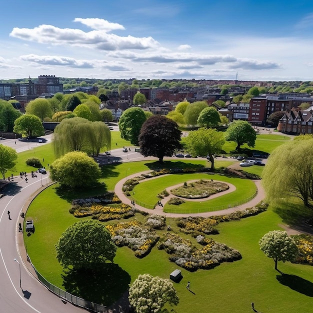 an aerial view of a park with a clock in the middle of it