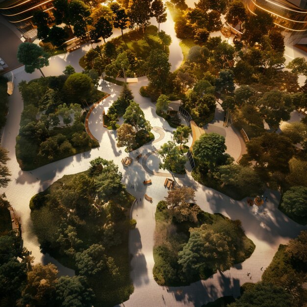 Photo aerial view of a park with a skateboard park and trees generative ai