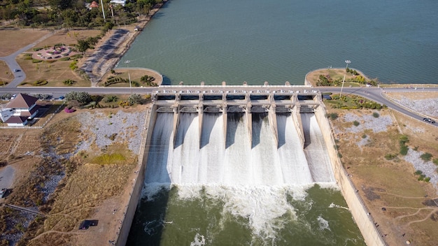 An aerial view over the Pasak Jolasid dam, Lopburi Province, Thailand. Tracking the movement of the