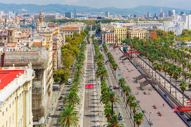 Aerial view over passeig de colom or columbus avenue from christopher columbus monument in barcelona...