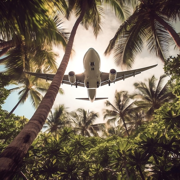 Aerial View of Passenger Plane Flying Over Tropical Palm Trees Bottom View of the Aircraft Generative AI