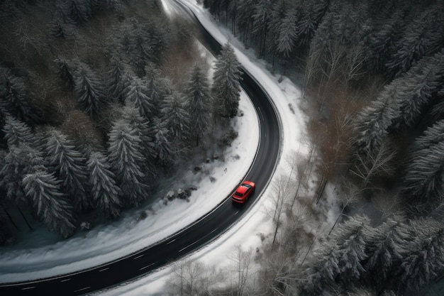 Aerial view of a paved road through a snowy forest