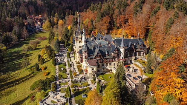 Aerial view of Peles Castle in autumn