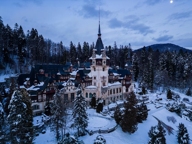 Photo aerial view of peles castle in winter sinaia romania