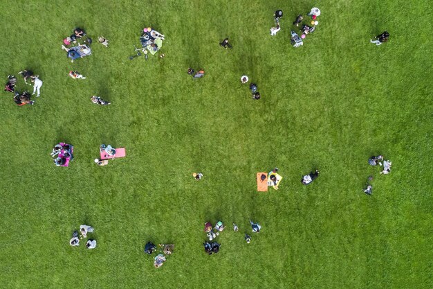 Foto vista aerea delle persone che si riposano sul prato nel parco