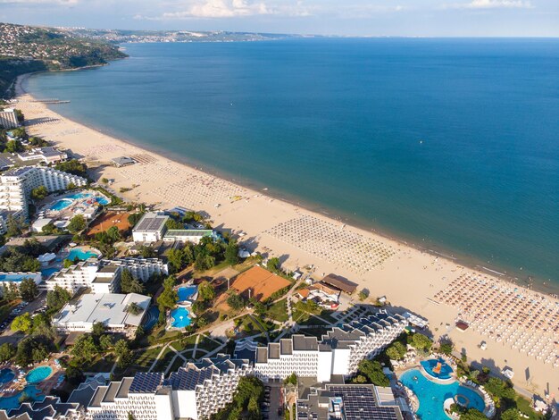 Aerial View Of People Crowd Relaxing On Beach In Albena Bulgaria