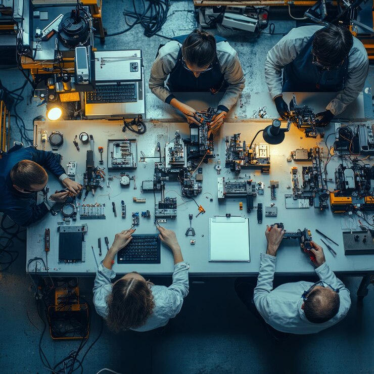 Photo aerial view of people working on electronic devices in a workshop