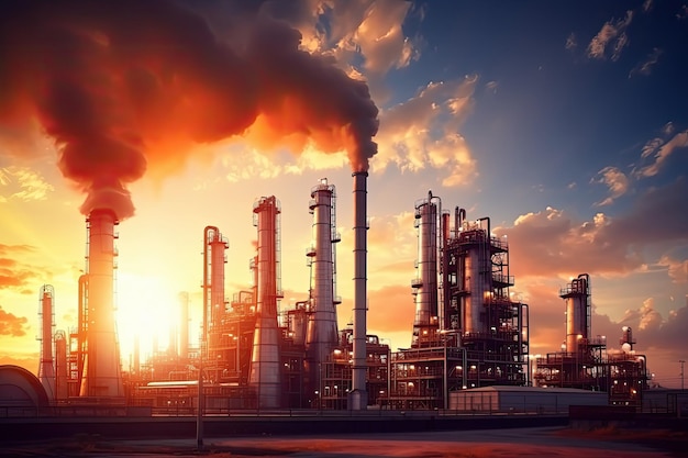 朝の背景に石油化学産業の製油所の空撮 エネルギー産業プラントの石油