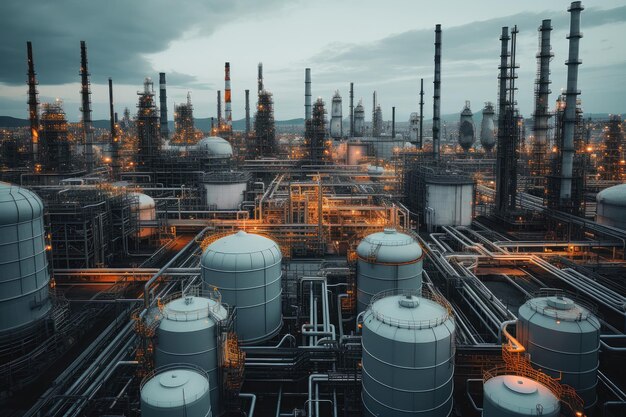 Aerial view of Petrochemical industry refinery in the morning background Energy Industrial plant oil