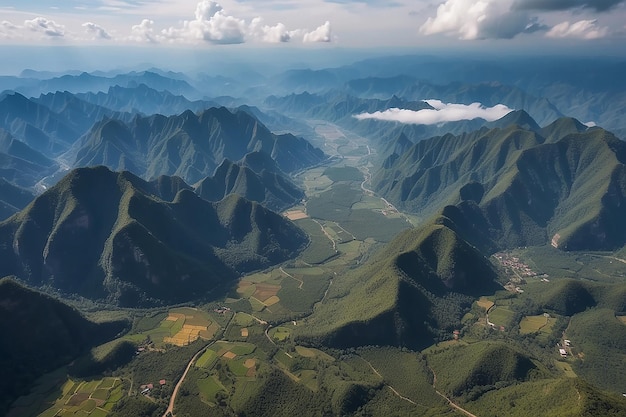 Aerial view of phongsali north laos on scenic mountain ridge