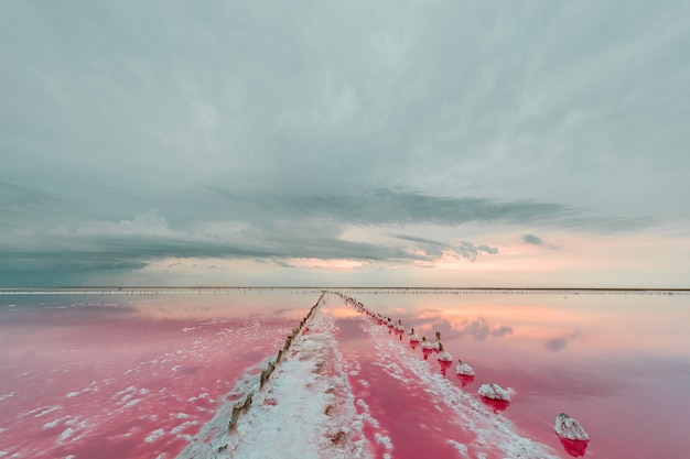 Aerial view of pink lake and sandy beach