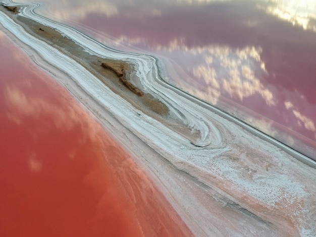 Aerial view of a pink salt lake