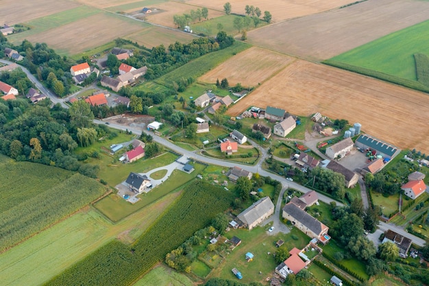 Aerial view of a Polish village among the fields