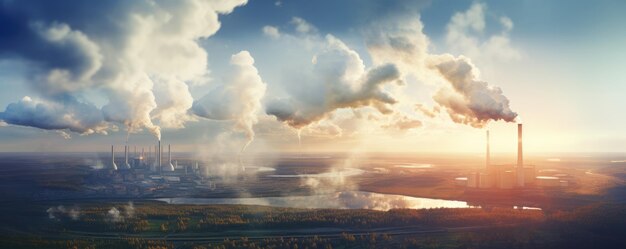 Photo aerial view of polluted air over big factory with smoke coming from chimneys panorama generative ai