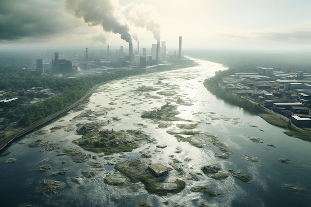 Photo an aerial view of a polluted river with the generative ai