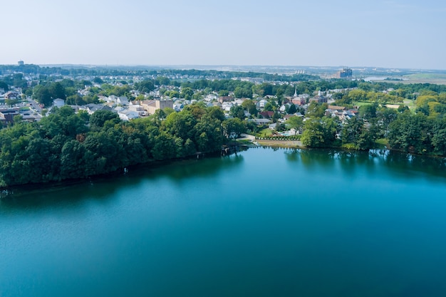 Aerial view of pond near the Sayreville New Jersey small American town residential community