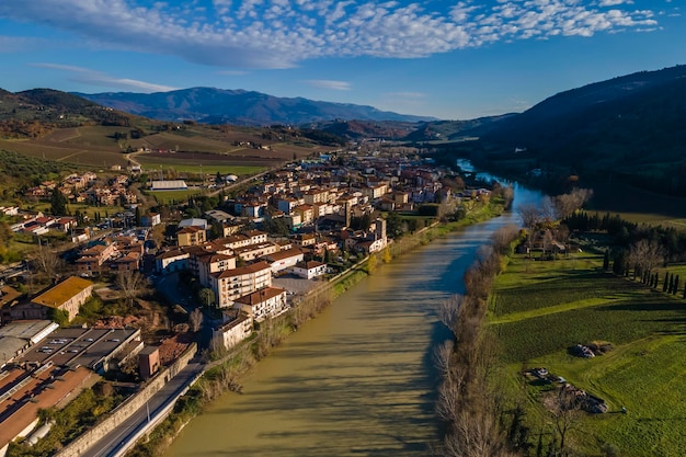 Aerial view of pontassieve along arno river sieci tuscany italy