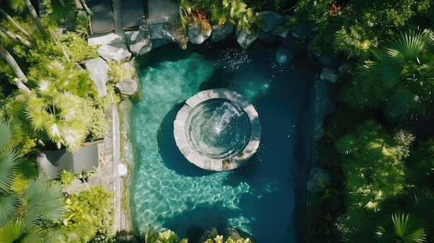 An aerial view of a pool surrounded by trees ai