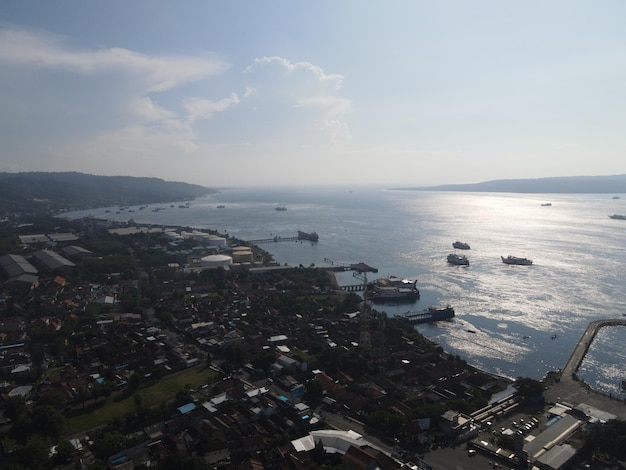 Aerial view of Port in Banyuwangi Indonesia with ferry in Bali Ocean